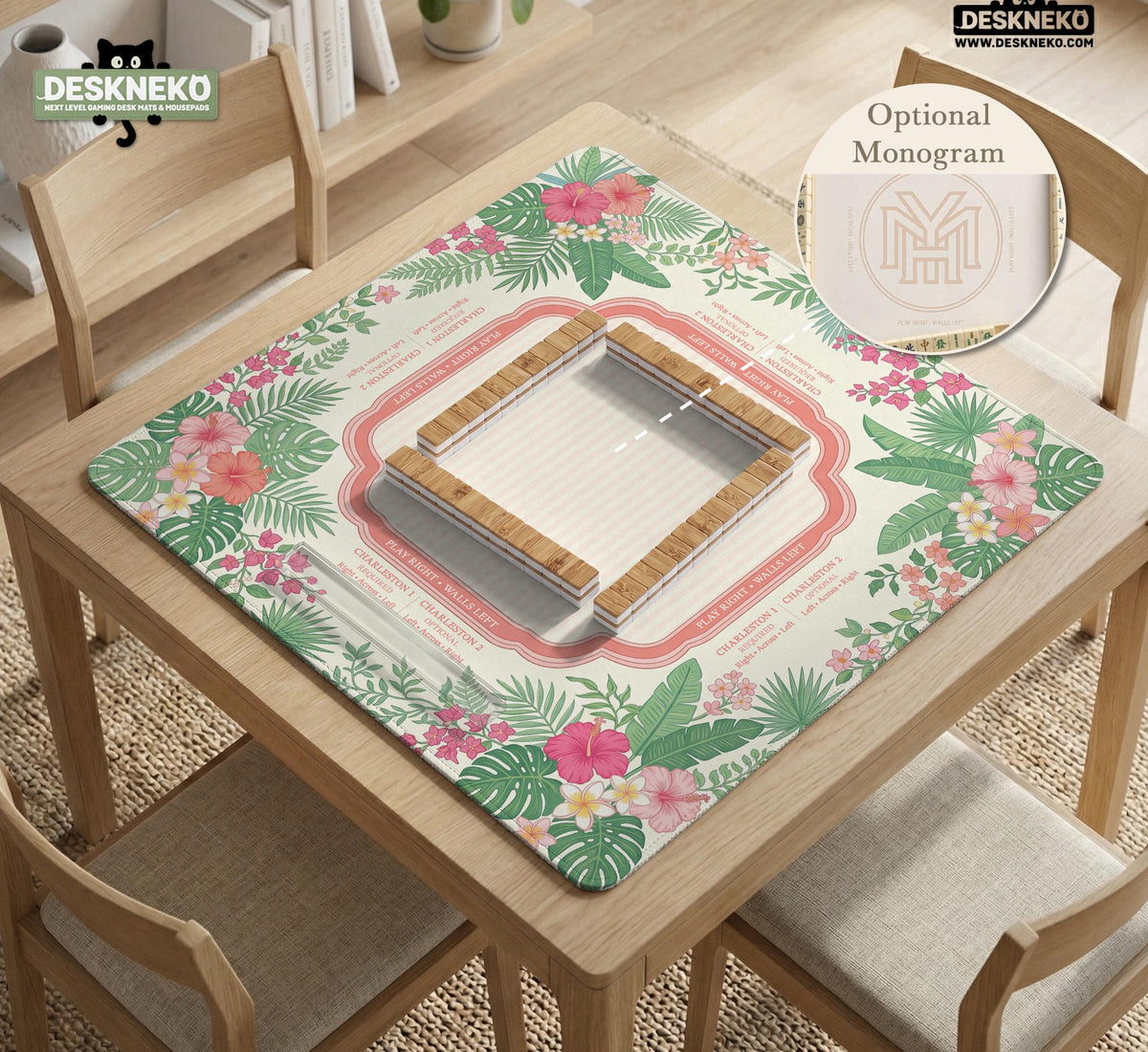 Coral tropical floral mahjong mat with hibiscus flowers, palm leaves, cream sections, and a scalloped edge.