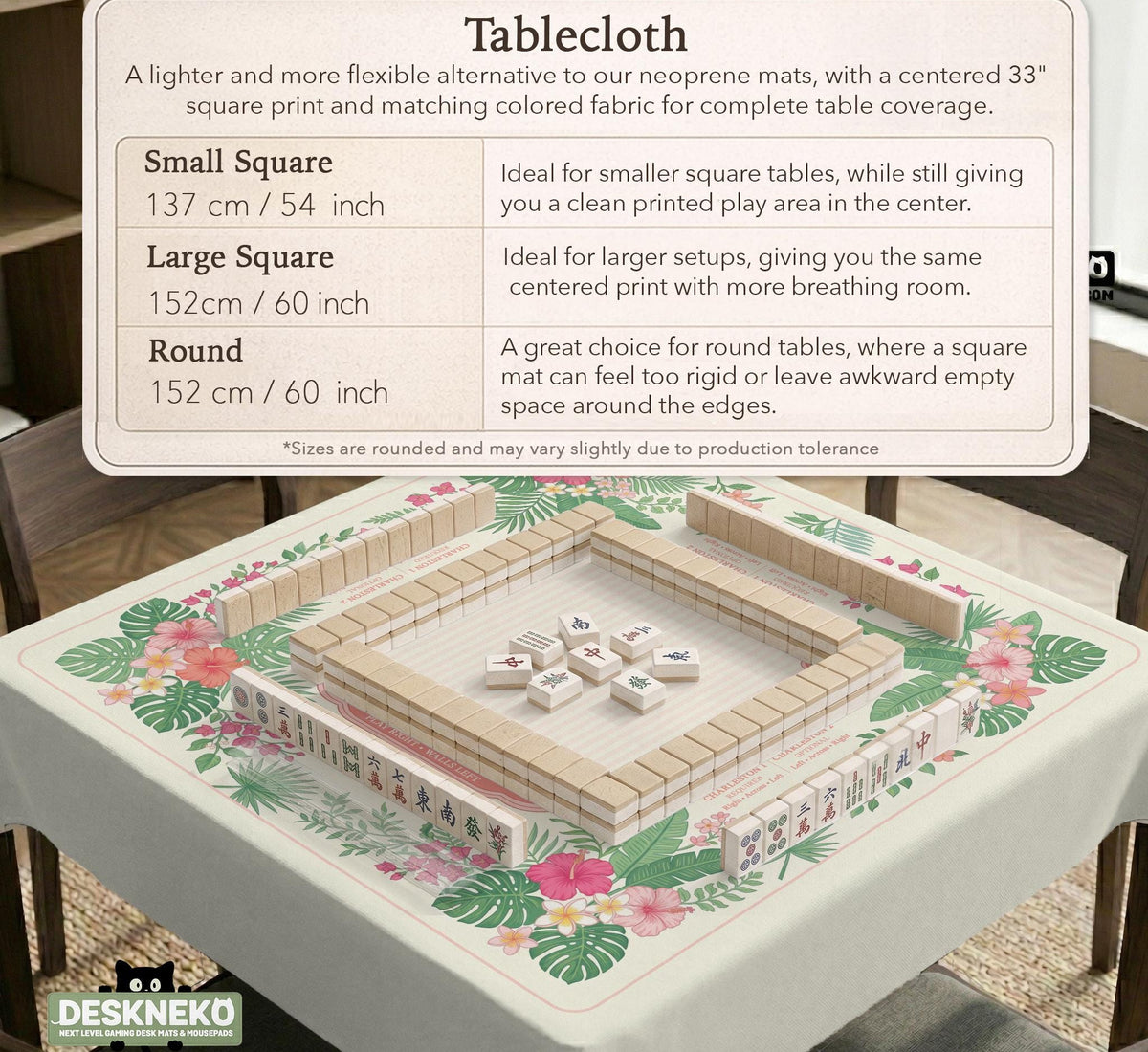 Coral tropical floral mahjong mat with hibiscus flowers, palm leaves, cream sections, and a scalloped edge.
