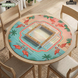 Pink mahjong mat with flamingos, palm leaves, hibiscus flowers, and aqua tropical background.