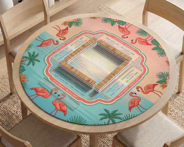 Pink mahjong mat with flamingos, palm leaves, hibiscus flowers, and aqua tropical background.