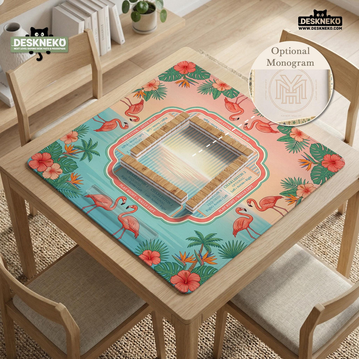 A square mahjong mat with flamingos, hibiscus flowers, palm leaves, and aqua water accents on a coral background with a scalloped edge.