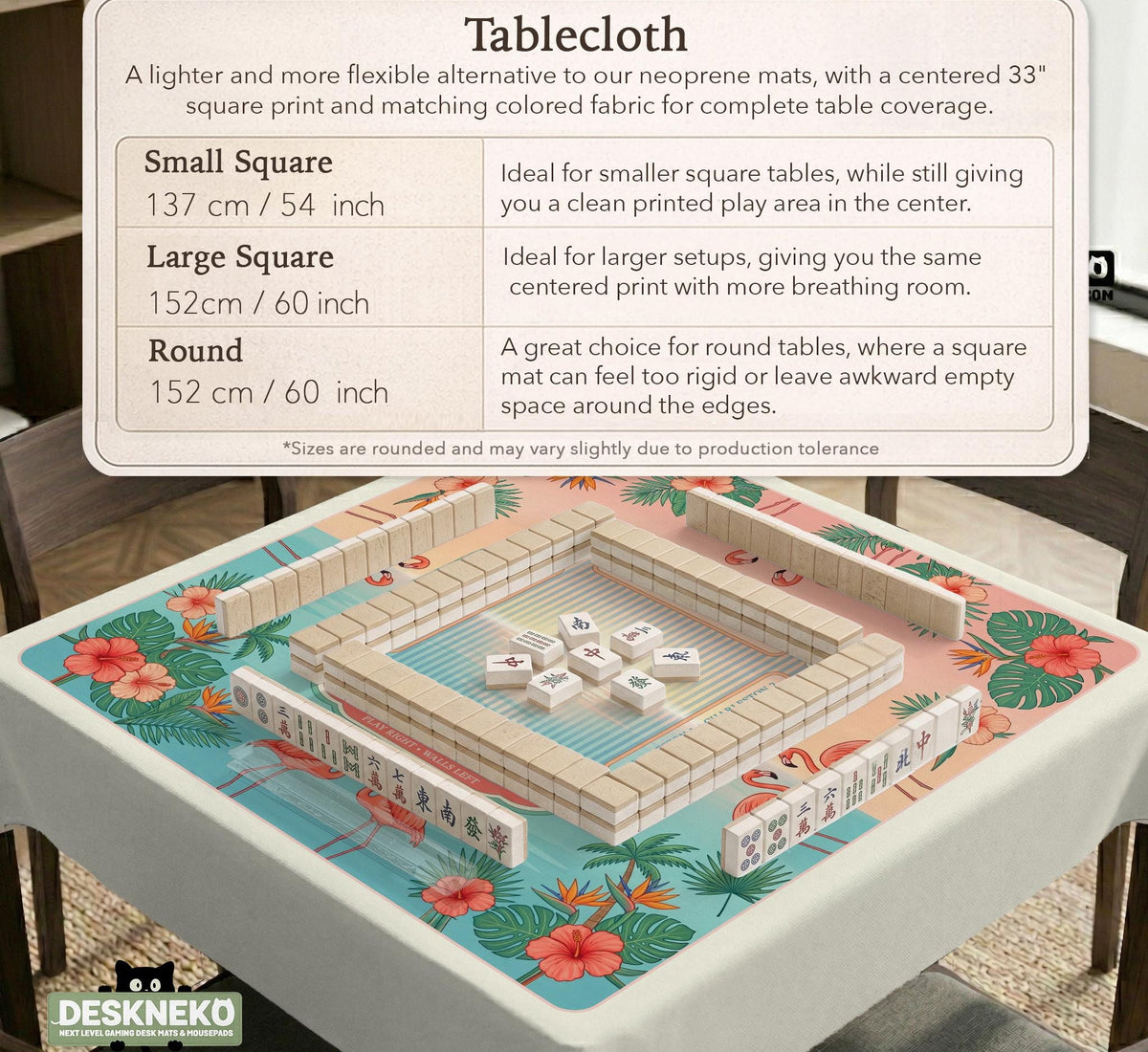 Pink mahjong mat with flamingos, palm leaves, hibiscus flowers, and aqua tropical background.