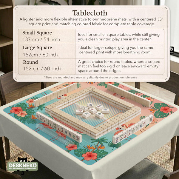 Pink mahjong mat with flamingos, palm leaves, hibiscus flowers, and aqua tropical background.