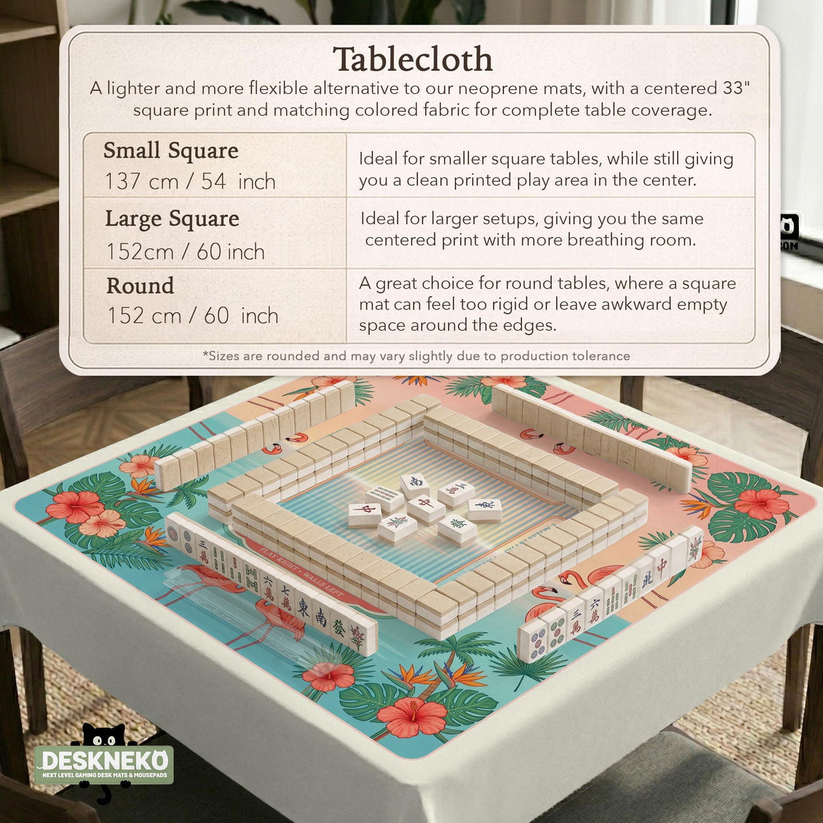 A square mahjong mat with flamingos, hibiscus flowers, palm leaves, and aqua water accents on a coral background with a scalloped edge.