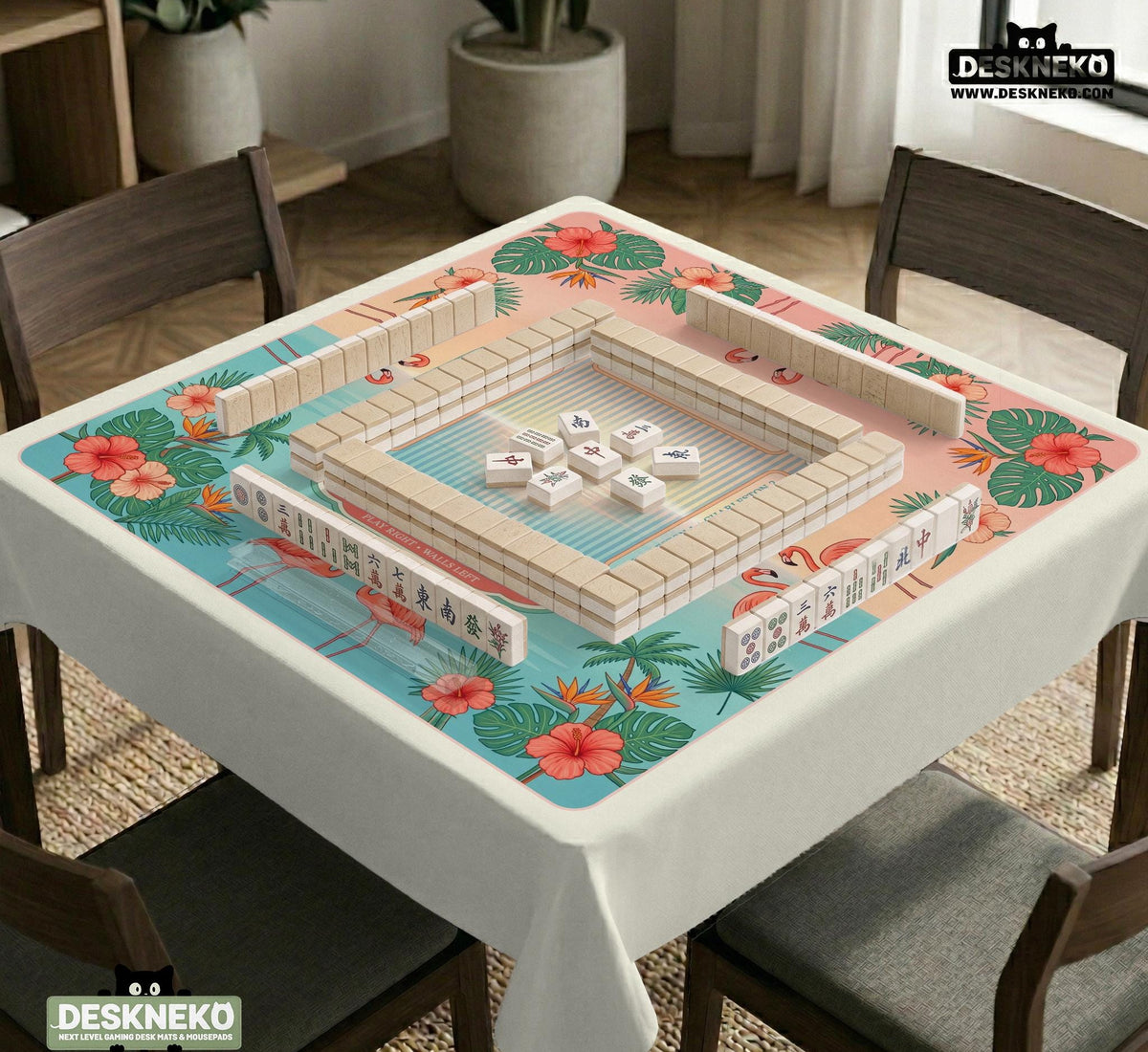 Pink mahjong mat with flamingos, palm leaves, hibiscus flowers, and aqua tropical background.