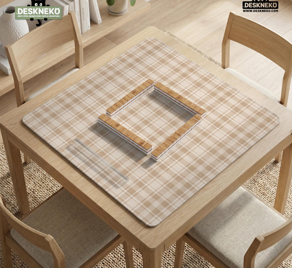 Beige plaid mahjong mat with a cream tartan pattern on a neutral background.
