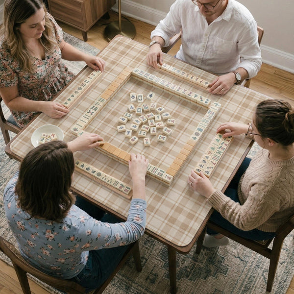 Beige plaid mahjong mat with a cream tartan pattern on a neutral background.