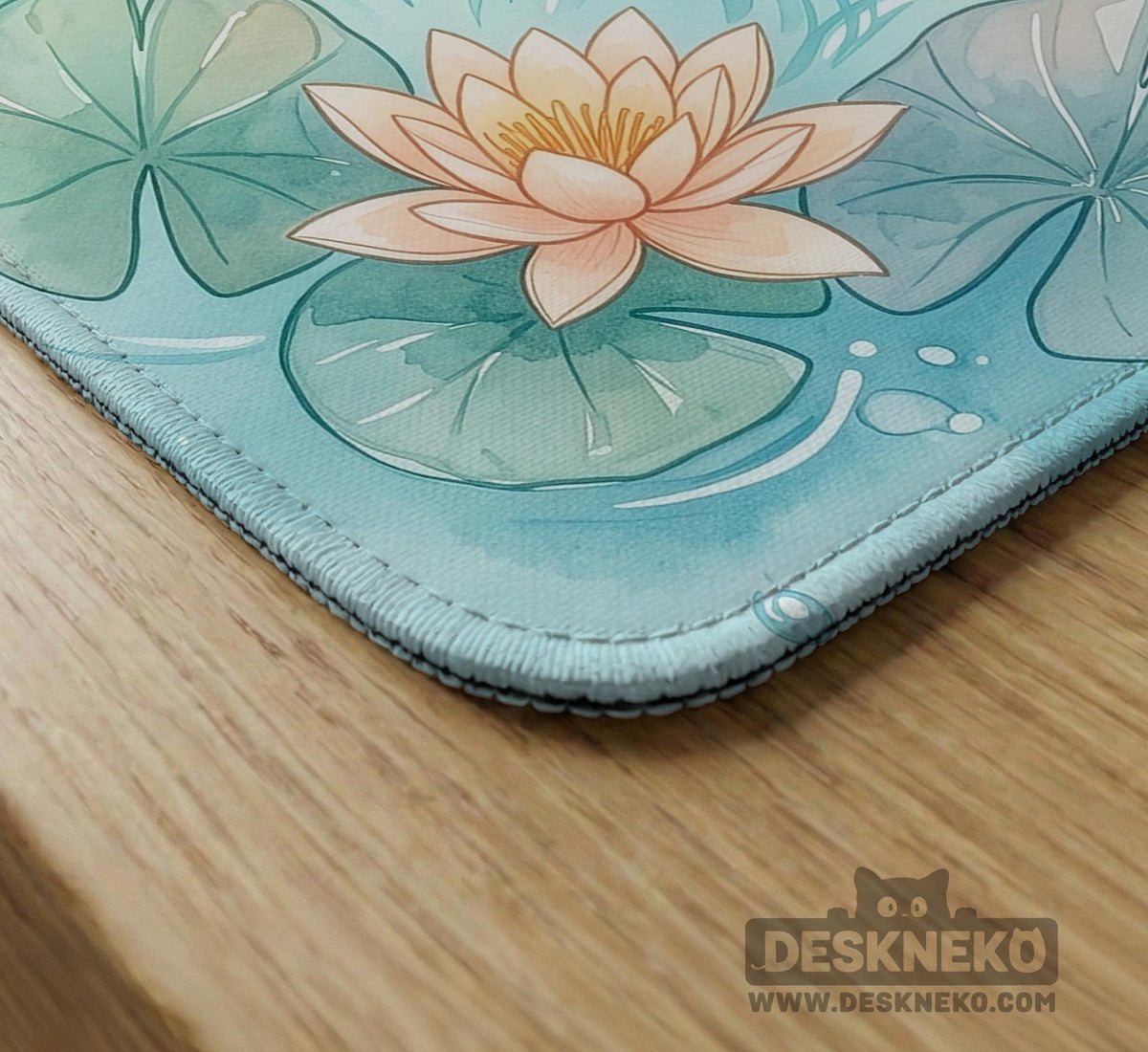 A soft blue mahjong mat with koi fish, floating lily pads, pale floral details, and a watercolor-style pond design.