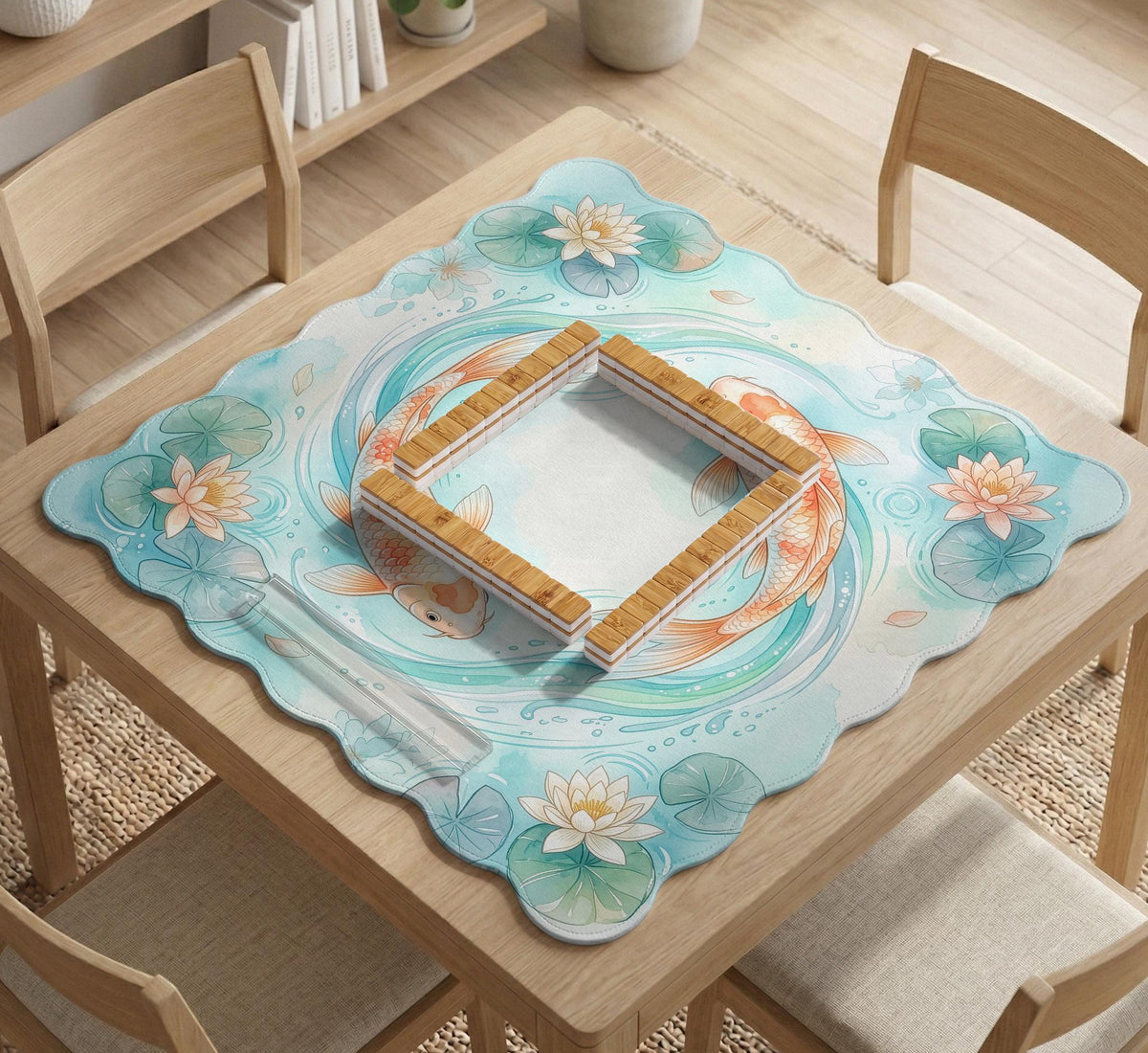 A soft blue mahjong mat with koi fish, floating lily pads, pale floral details, and a watercolor-style pond design.