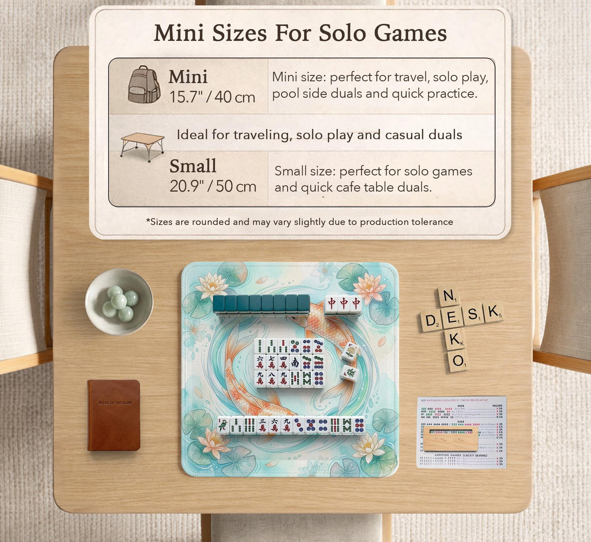 A soft blue mahjong mat with koi fish, floating lily pads, pale floral details, and a watercolor-style pond design.
