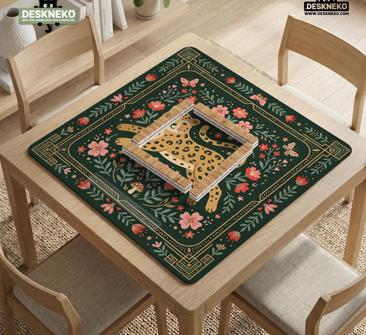 Dark green square mahjong mat with a golden spotted leopard in the center, surrounded by flowers, leafy stems, butterflies, and small star accents.