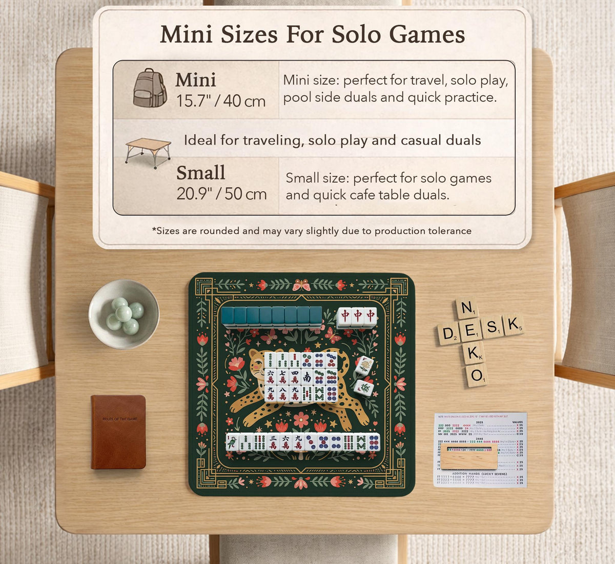 Dark green square mahjong mat with a golden spotted leopard in the center, surrounded by flowers, leafy stems, butterflies, and small star accents.