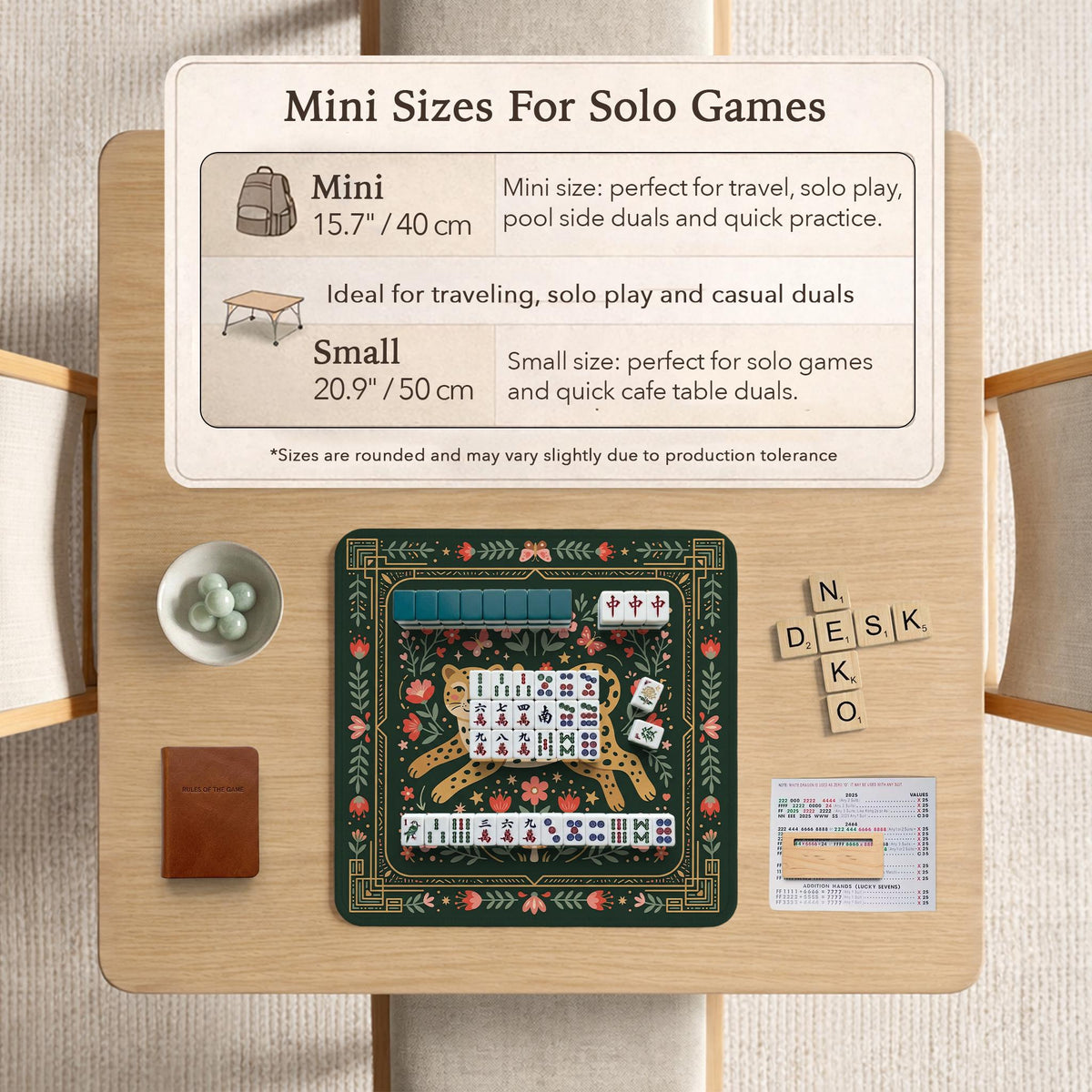 Dark green square mahjong mat with a golden spotted leopard in the center, surrounded by flowers, leafy stems, butterflies, and small star accents.