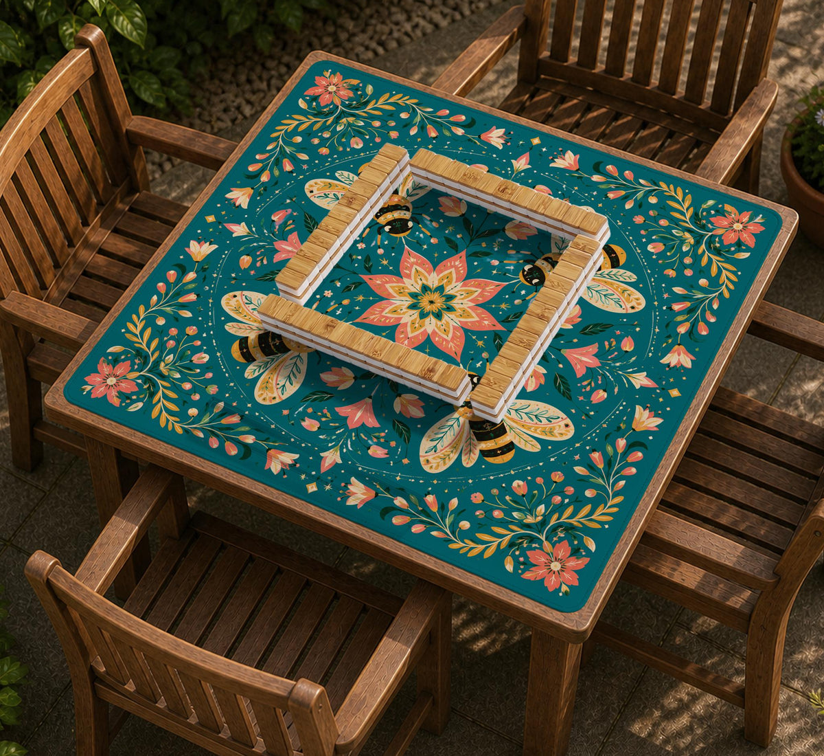 Green mahjong mat with a botanical bee and floral mandala design in teal, coral, cream, and gold.