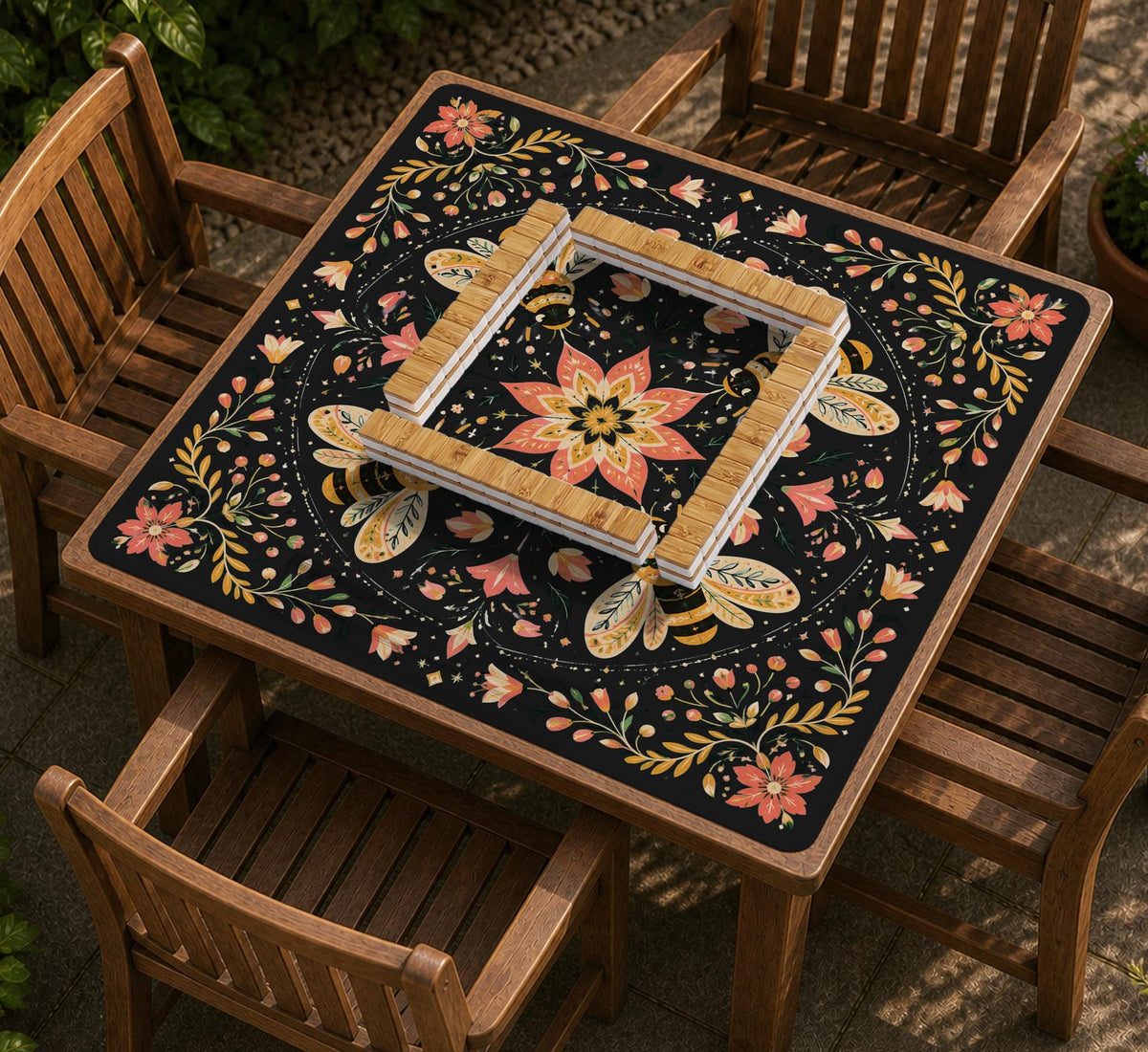 Black mahjong mat with a symmetrical botanical design, coral flowers, golden leaves, and small bees.