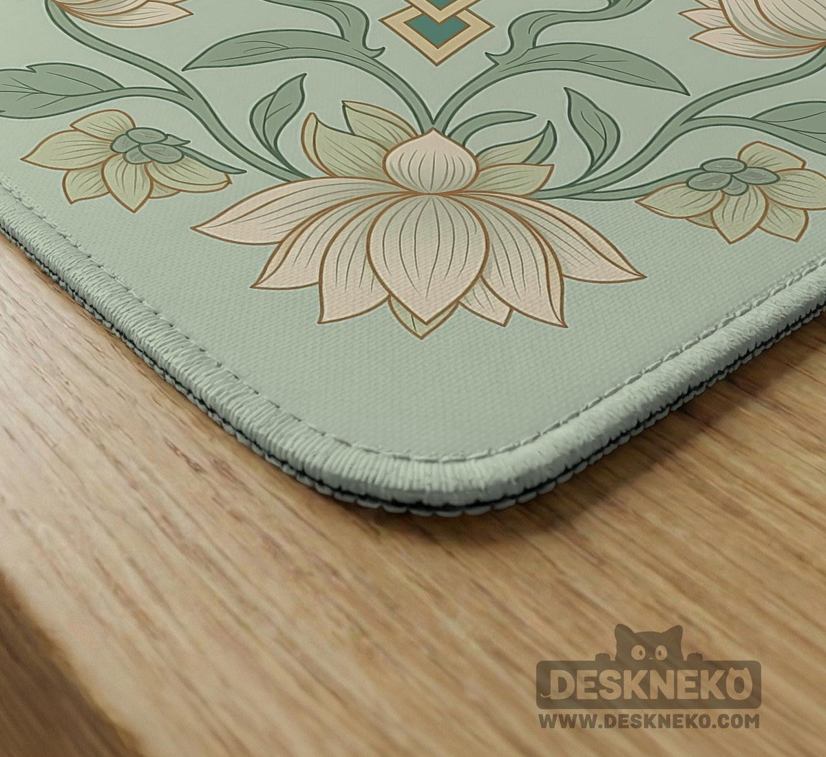 Sage green square mahjong mat with lotus flowers, golden dragons, and an ornamental center design.