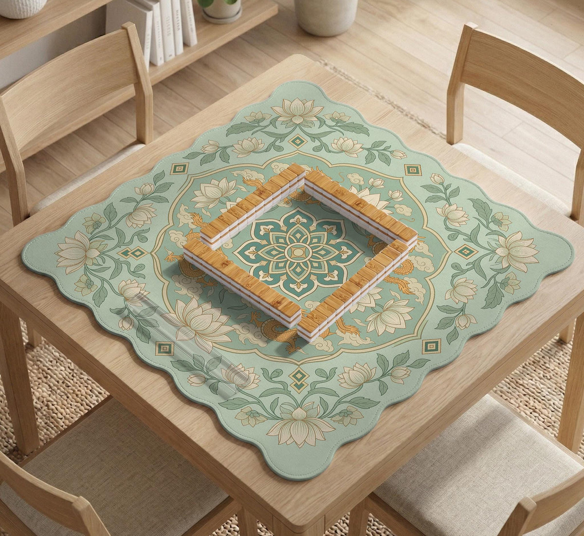 Sage green square mahjong mat with lotus flowers, golden dragons, and an ornamental center design.