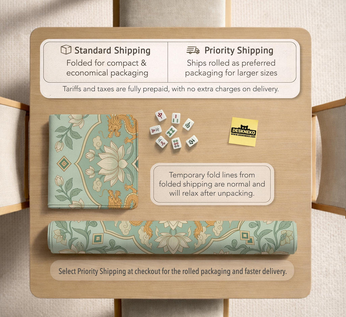 Sage green square mahjong mat with lotus flowers, golden dragons, and an ornamental center design.