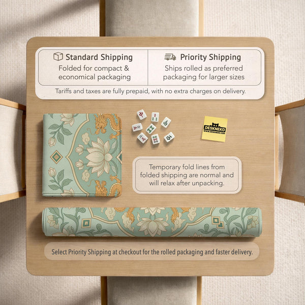 Sage green square mahjong mat with lotus flowers, golden dragons, and an ornamental center design.