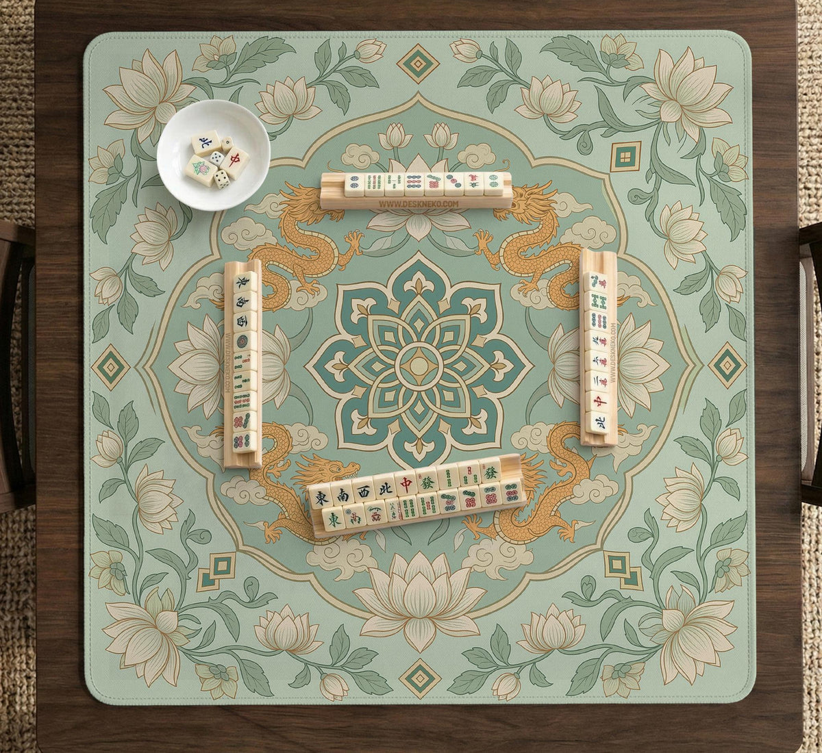 Sage green square mahjong mat with lotus flowers, golden dragons, and an ornamental center design.