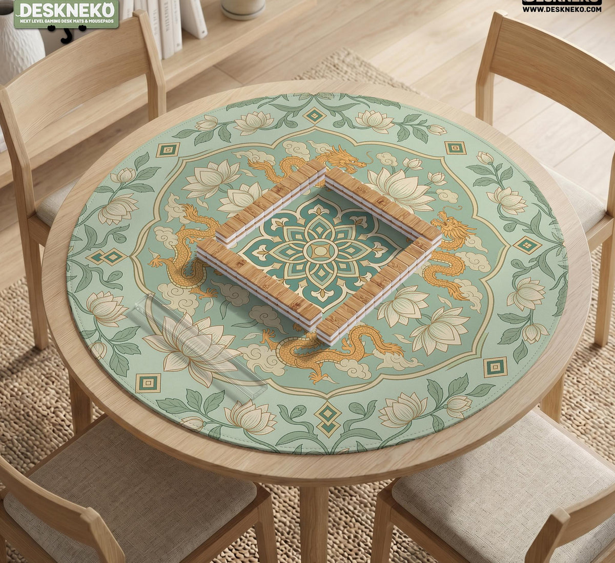 Sage green square mahjong mat with lotus flowers, golden dragons, and an ornamental center design.