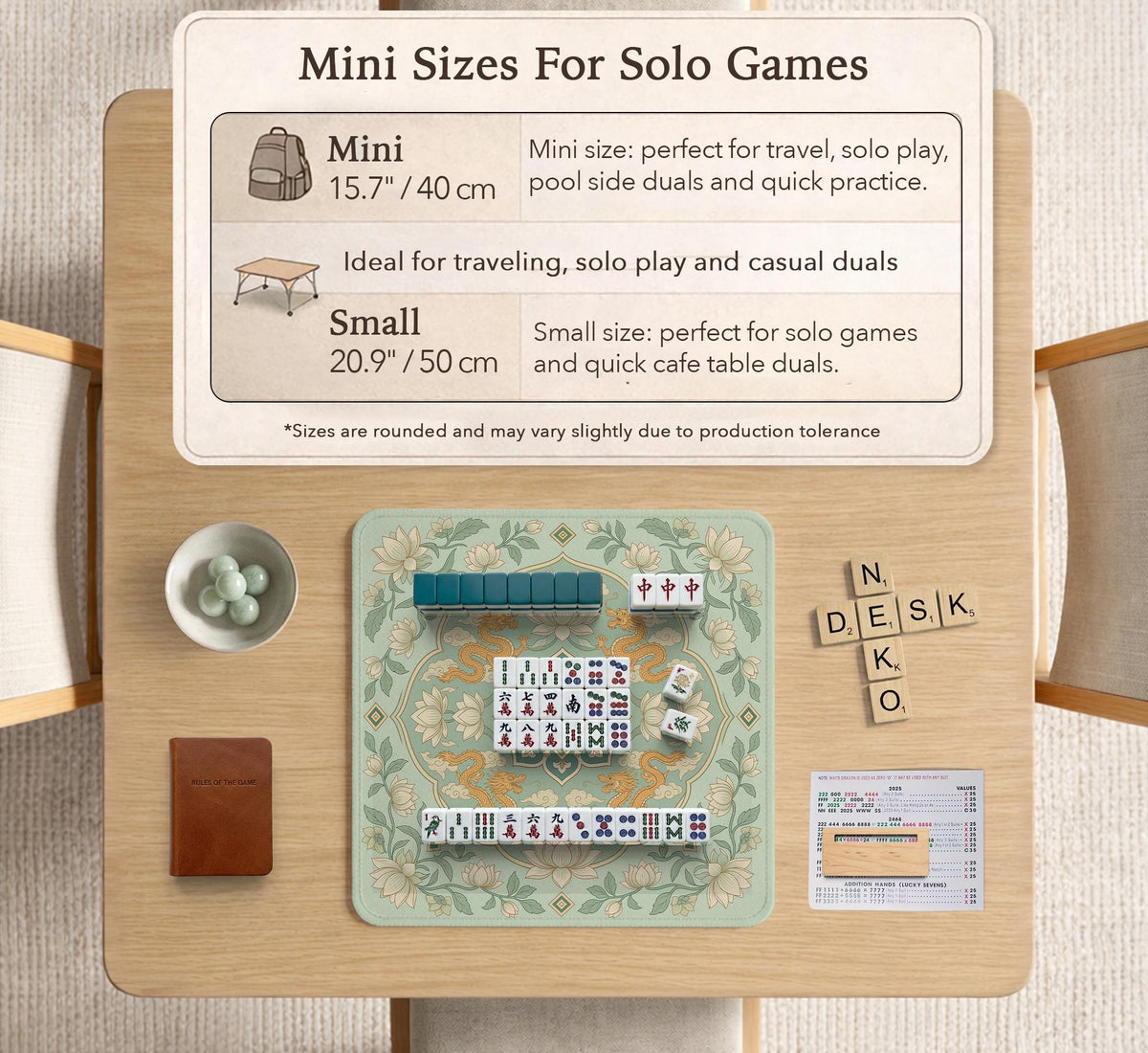 Sage green square mahjong mat with lotus flowers, golden dragons, and an ornamental center design.
