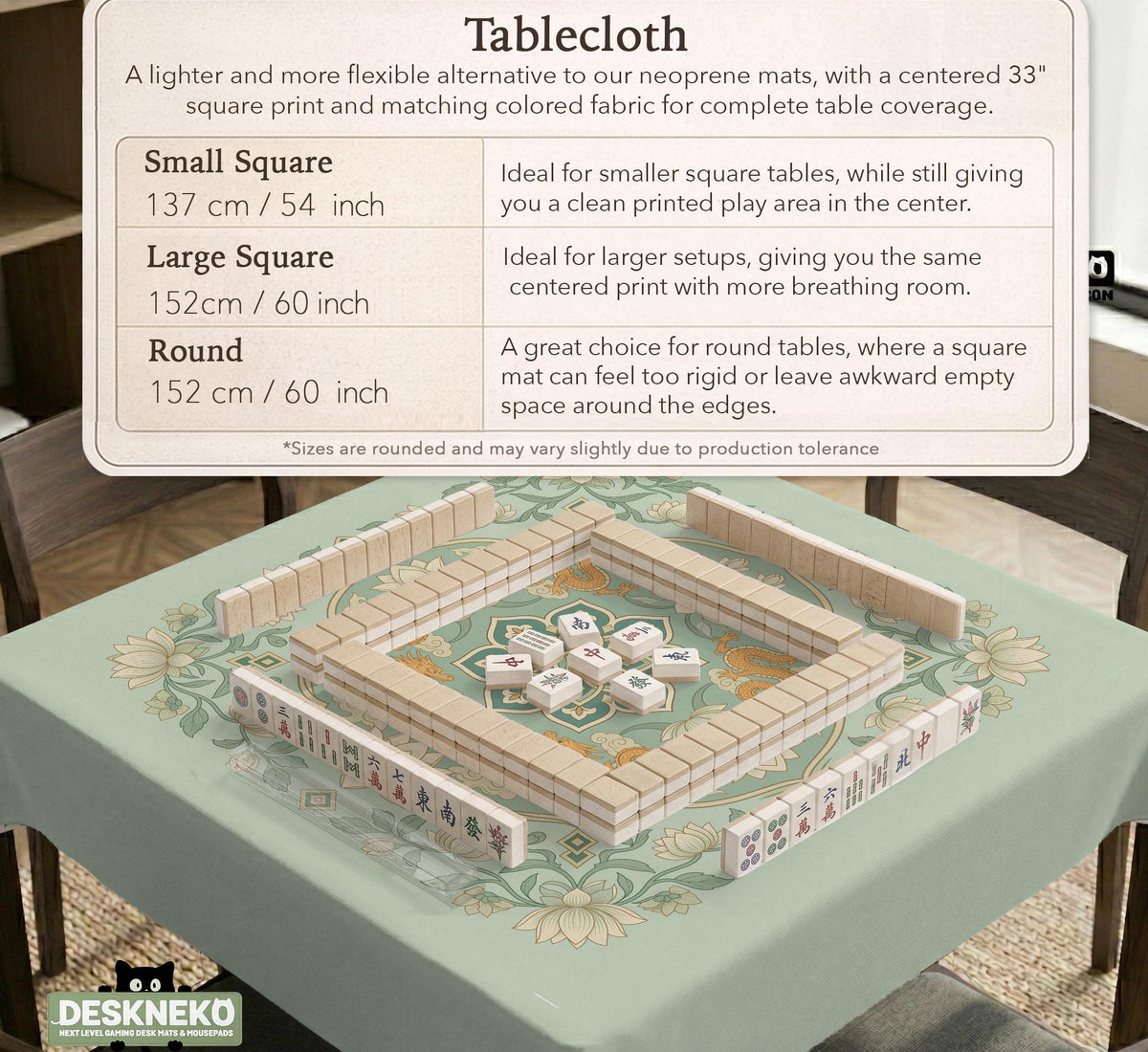 Sage green square mahjong mat with lotus flowers, golden dragons, and an ornamental center design.