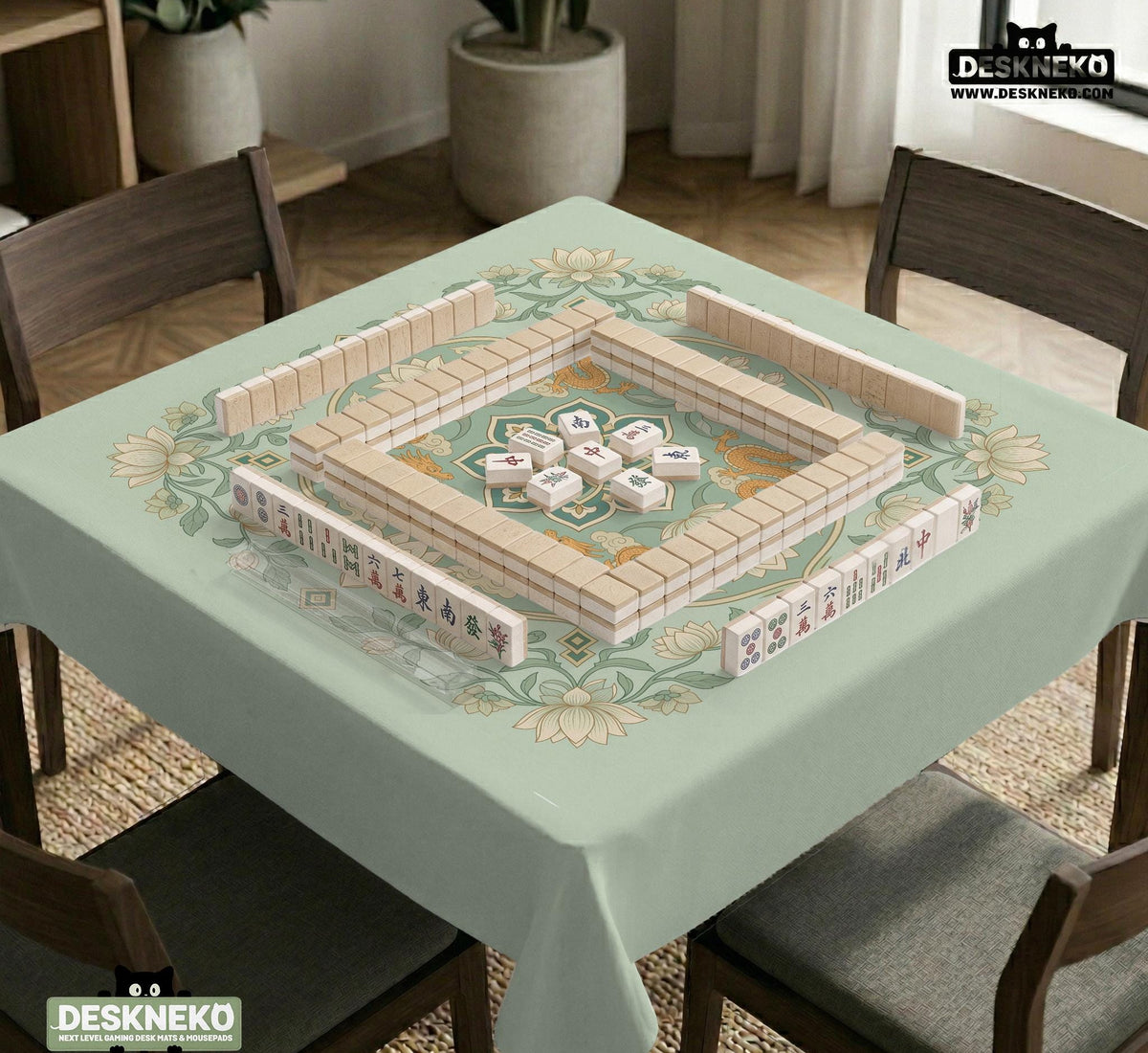 Sage green square mahjong mat with lotus flowers, golden dragons, and an ornamental center design.