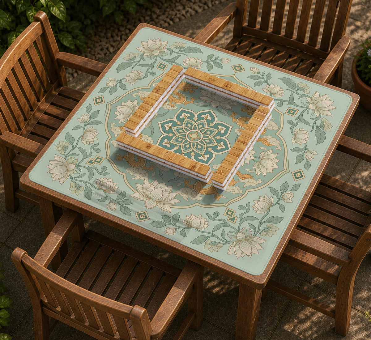 Sage green square mahjong mat with lotus flowers, golden dragons, and an ornamental center design.