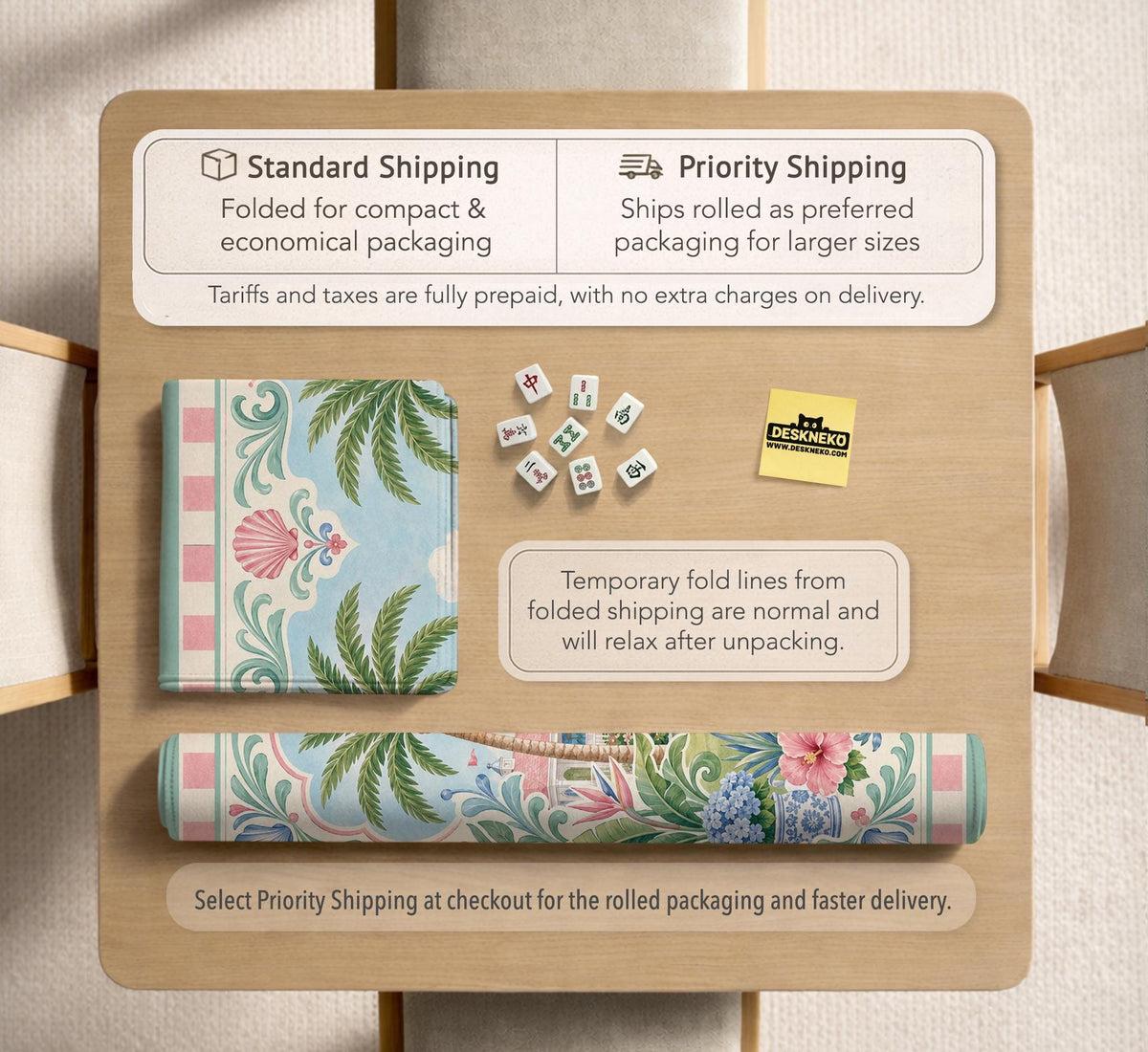 Pastel mahjong mat with a pink gingham border, seashells, hydrangea pots, palm trees, croquet details, and a coastal garden scene.