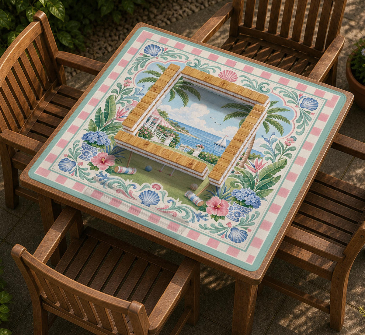 Pastel mahjong mat with a pink gingham border, seashells, hydrangea pots, palm trees, croquet details, and a coastal garden scene.