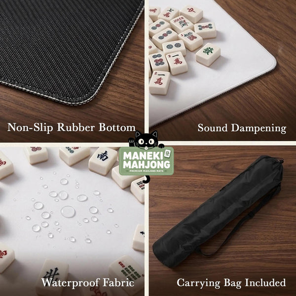 Sage green mahjong mat with vine and botanical artwork in cream neutral tones, shown in a cottagecore style with a tablecloth-style format.