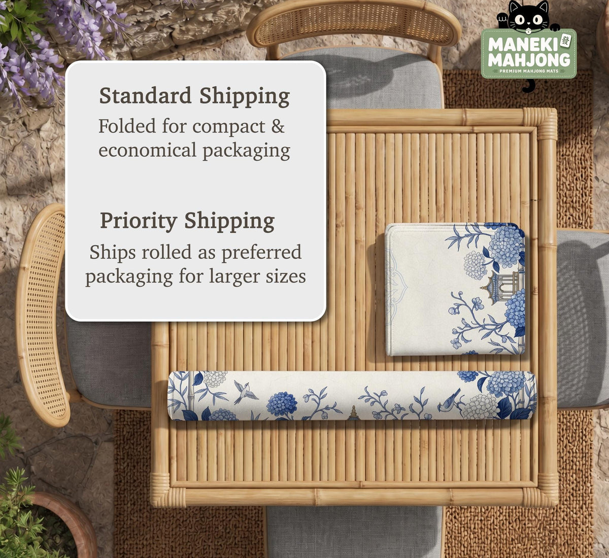 Blue and white square mahjong mat with a hydrangea and bird botanical border and a plain center area.