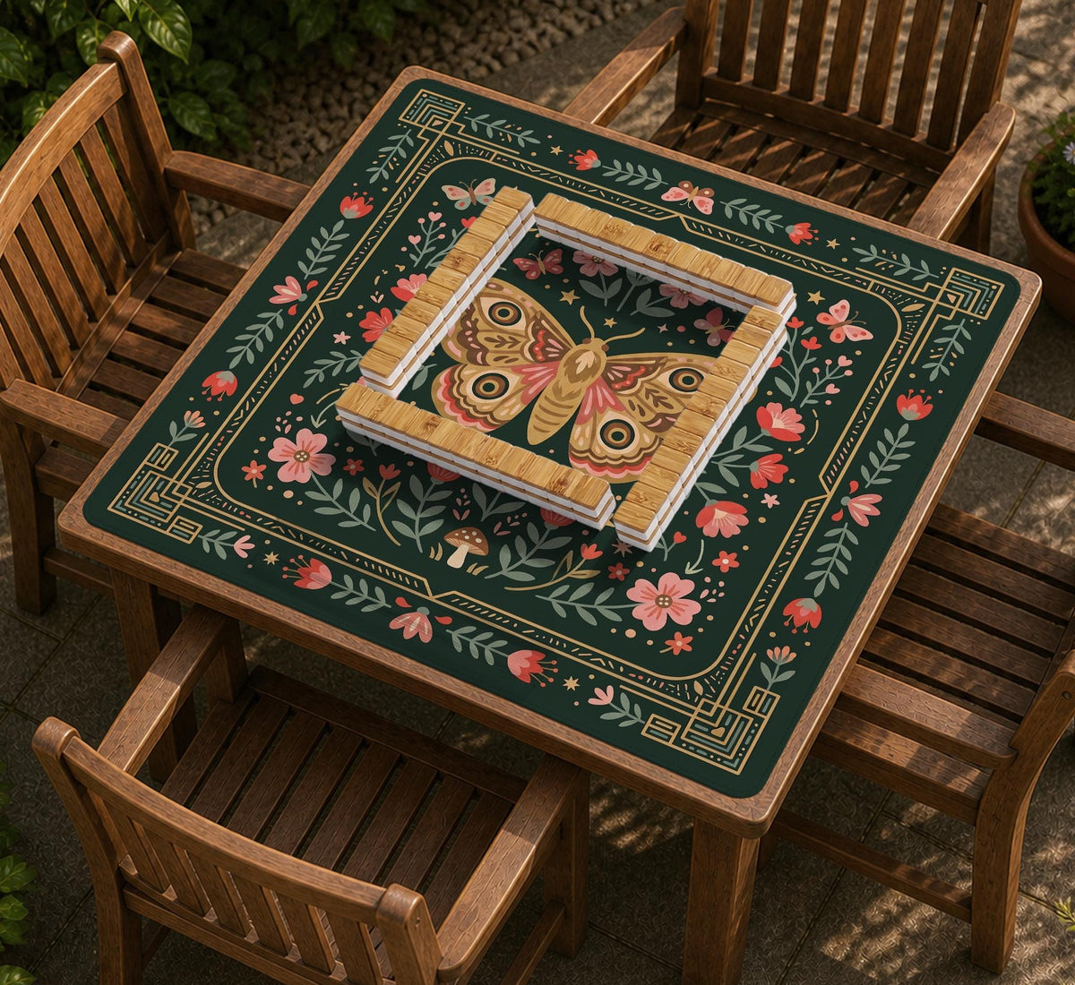 Dark green square mahjong mat with floral branches, small red blossoms, gold line details, and a large moth in the center.