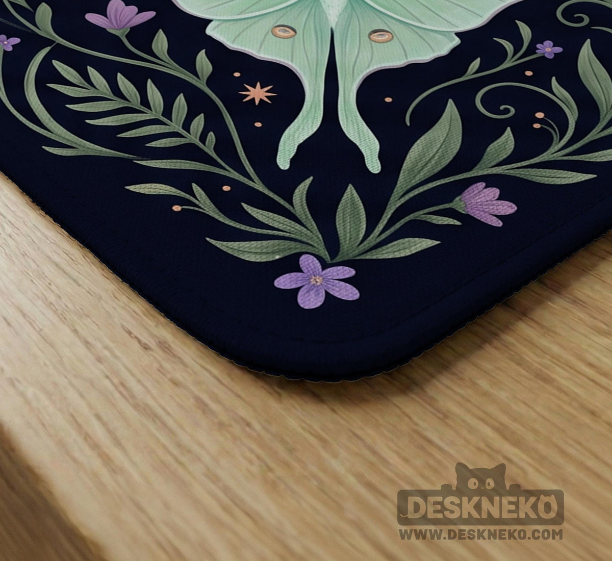 Navy square mahjong mat with a floral border, copper moons, scattered stars, pale moths, and leafy botanical details.