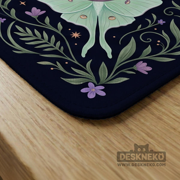 Navy square mahjong mat with a floral border, copper moons, scattered stars, pale moths, and leafy botanical details.