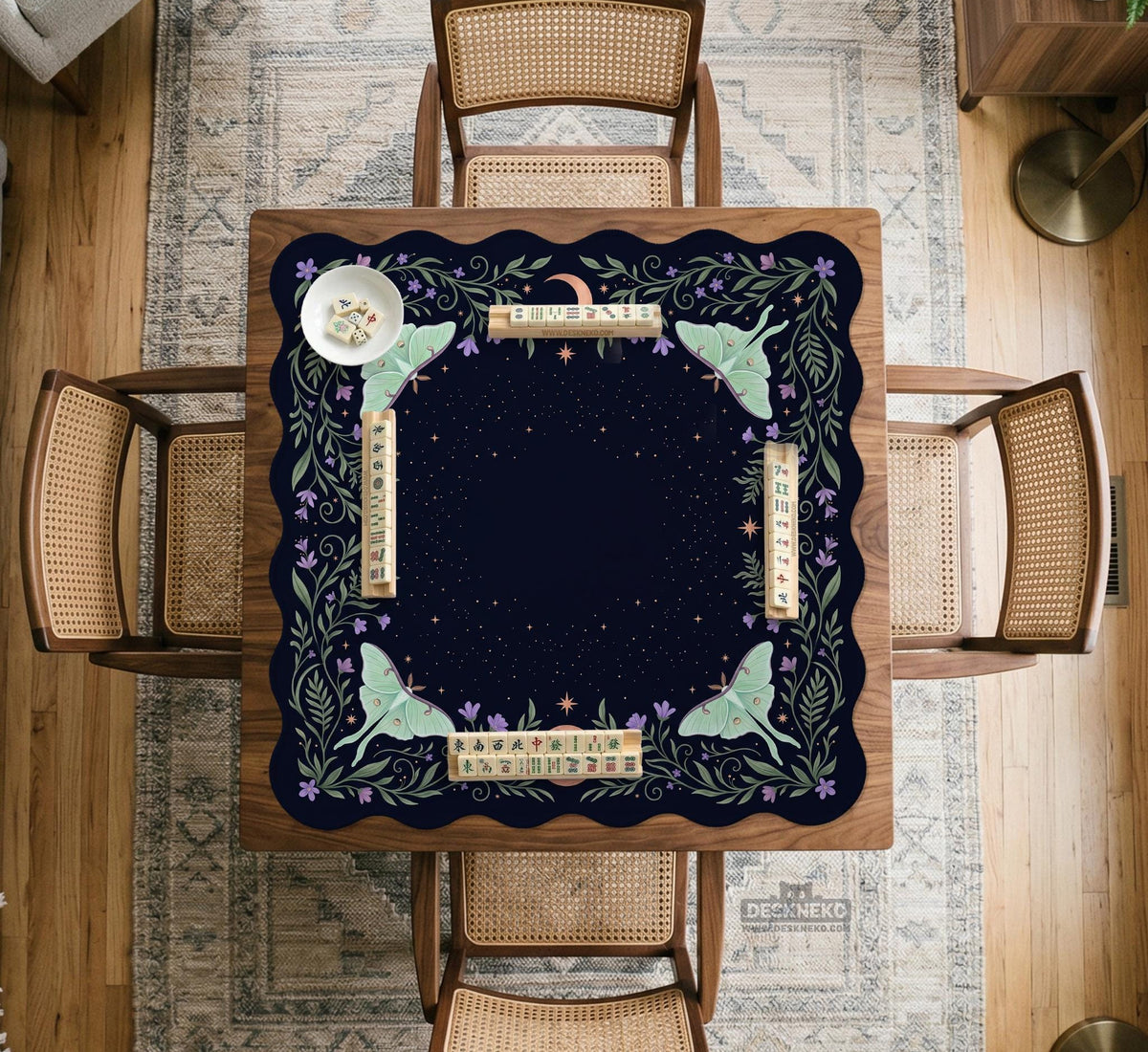 Navy square mahjong mat with a floral border, copper moons, scattered stars, pale moths, and leafy botanical details.