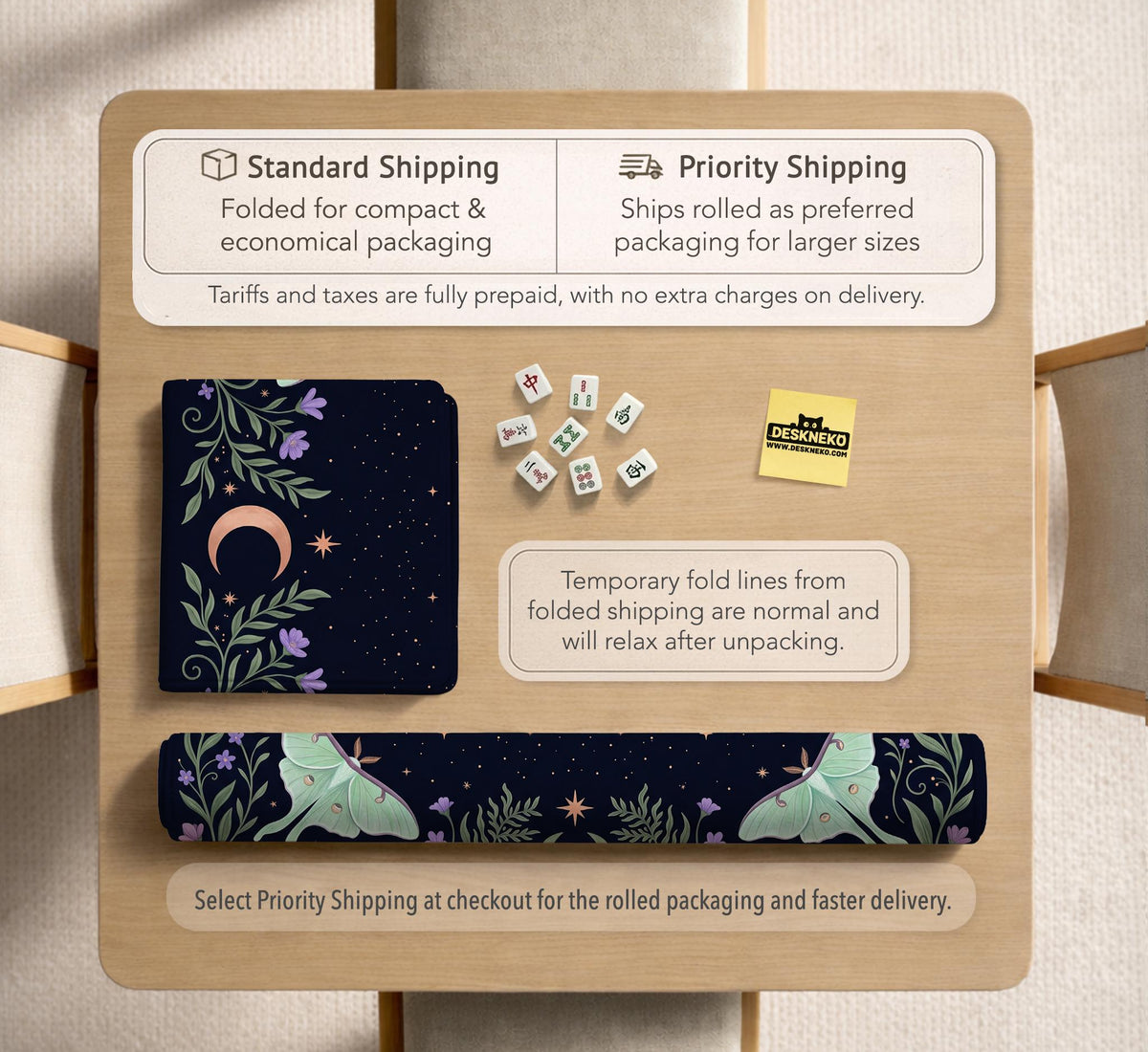 Navy square mahjong mat with a floral border, copper moons, scattered stars, pale moths, and leafy botanical details.