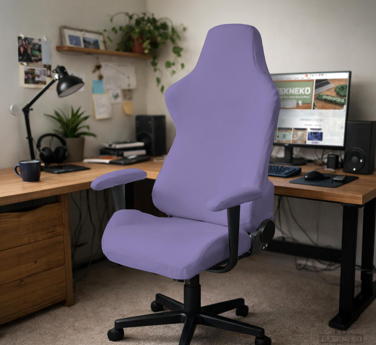 Purple chair cover options shown for gaming chairs and office chairs, including full chair covers, back-and-seat covers, seat-only covers, and armrest-only covers.