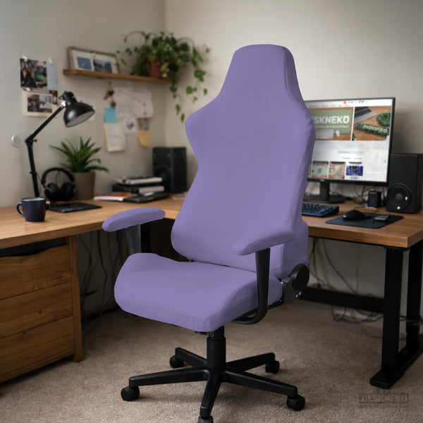 Purple chair cover options shown for gaming chairs and office chairs, including full chair covers, back-and-seat covers, seat-only covers, and armrest-only covers.