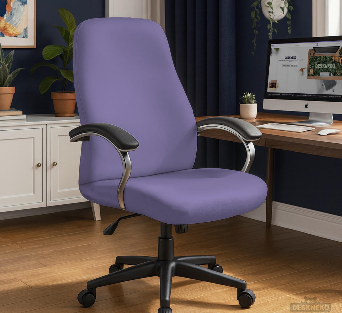 Purple chair cover options shown for gaming chairs and office chairs, including full chair covers, back-and-seat covers, seat-only covers, and armrest-only covers.
