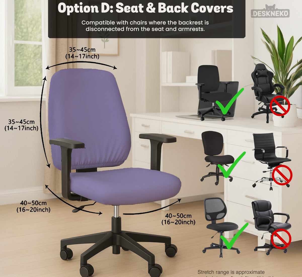 Purple chair cover options shown for gaming chairs and office chairs, including full chair covers, back-and-seat covers, seat-only covers, and armrest-only covers.