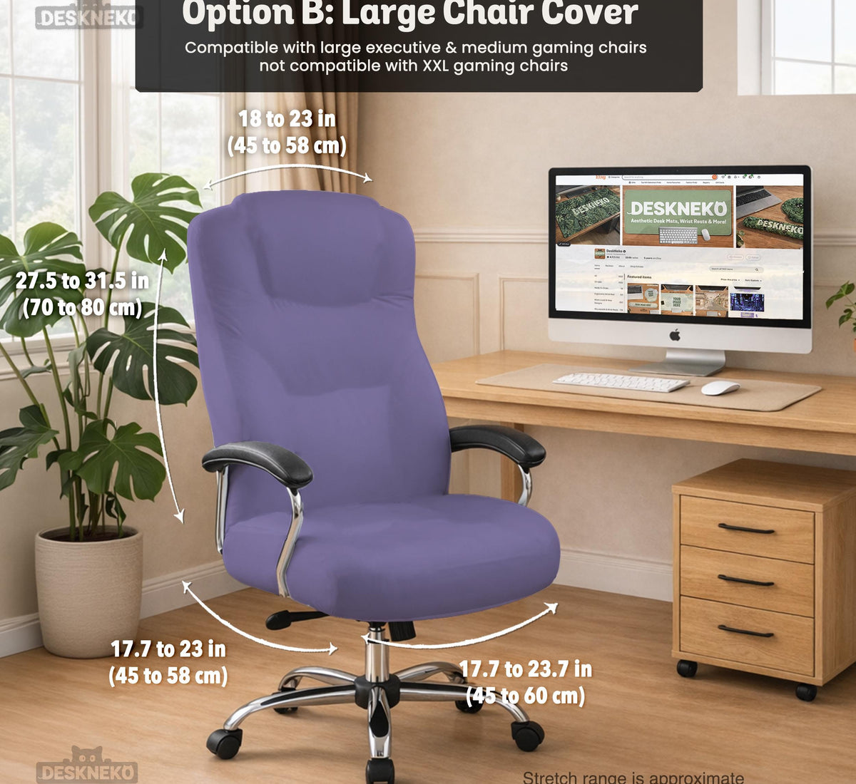 Purple chair cover options shown for gaming chairs and office chairs, including full chair covers, back-and-seat covers, seat-only covers, and armrest-only covers.