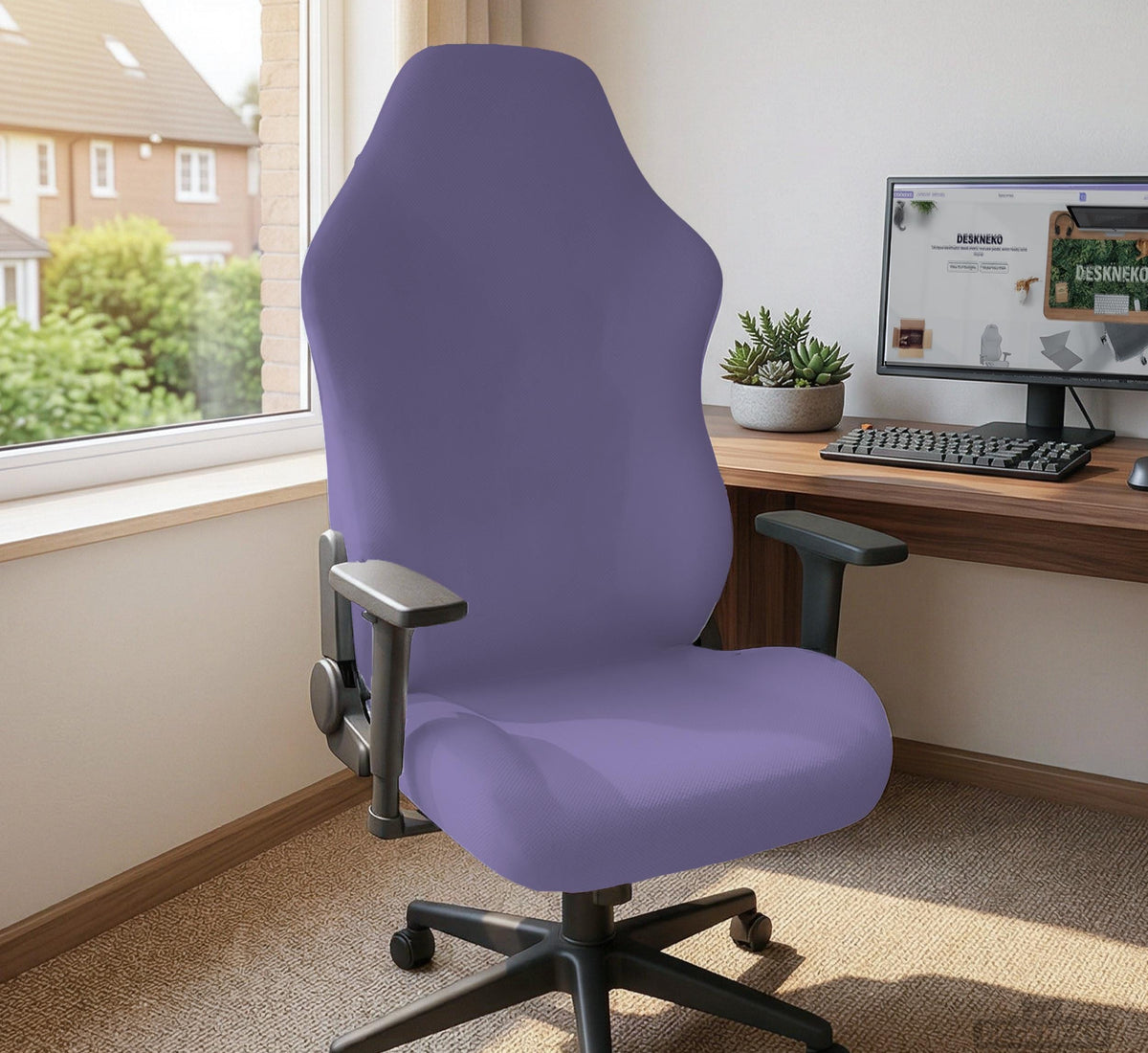 Purple chair cover options shown for gaming chairs and office chairs, including full chair covers, back-and-seat covers, seat-only covers, and armrest-only covers.