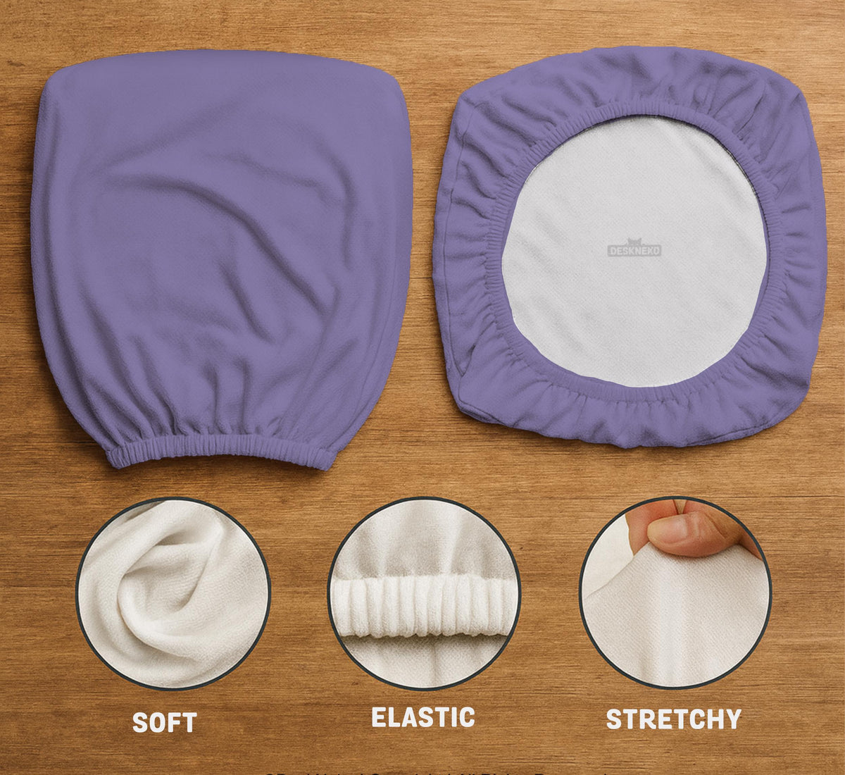Purple chair cover options shown for gaming chairs and office chairs, including full chair covers, back-and-seat covers, seat-only covers, and armrest-only covers.