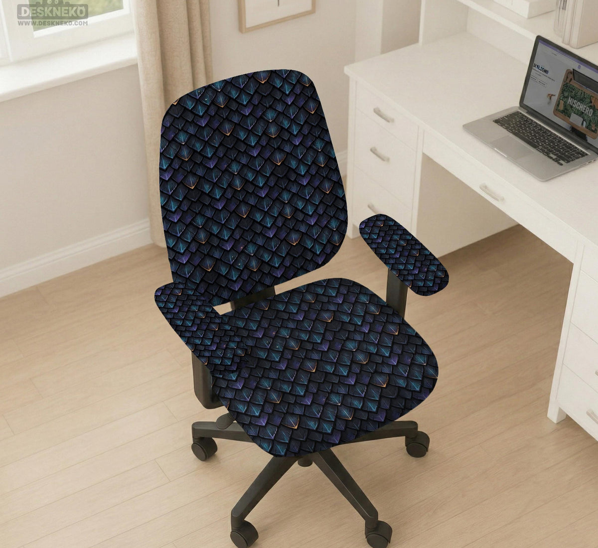 An indigo desk chair cover with a dragon scale pattern in blue, navy, purple, and copper tones, shown as a stretch slipcover with coverage options.