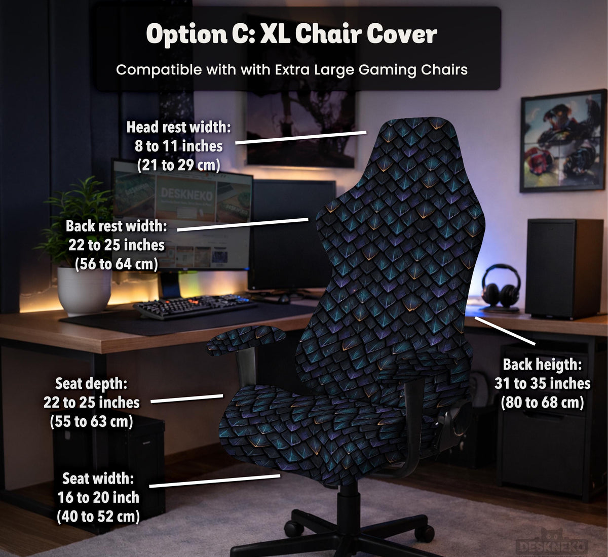 An indigo desk chair cover with a dragon scale pattern in blue, navy, purple, and copper tones, shown as a stretch slipcover with coverage options.