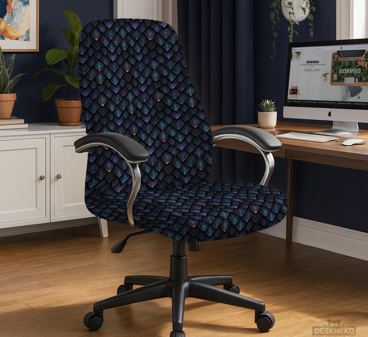 An indigo desk chair cover with a dragon scale pattern in blue, navy, purple, and copper tones, shown as a stretch slipcover with coverage options.