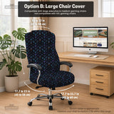 An indigo desk chair cover with a dragon scale pattern in blue, navy, purple, and copper tones, shown as a stretch slipcover with coverage options.