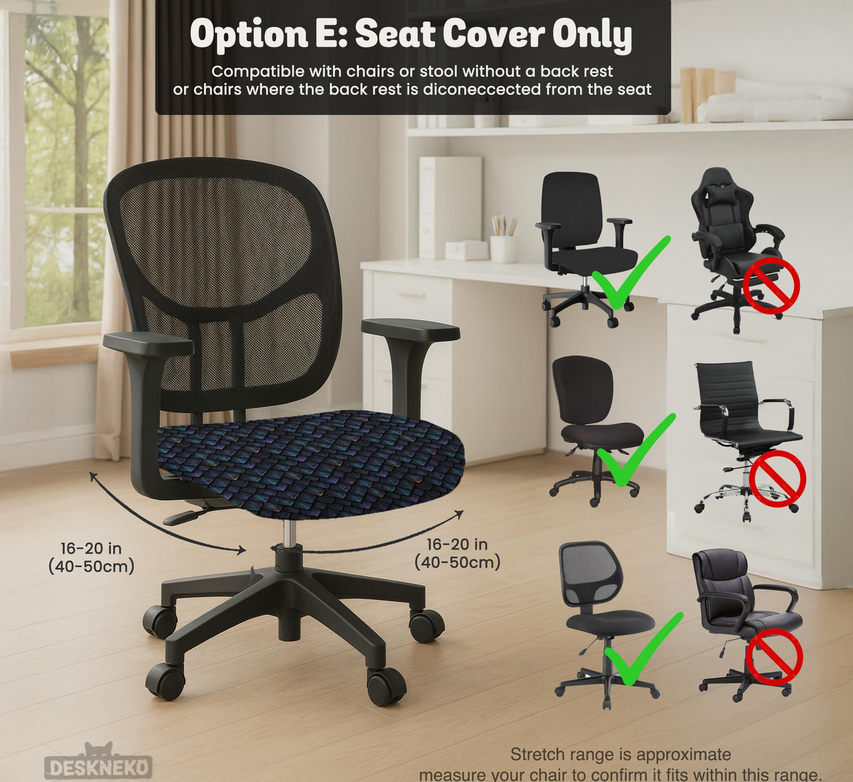 An indigo desk chair cover with a dragon scale pattern in blue, navy, purple, and copper tones, shown as a stretch slipcover with coverage options.